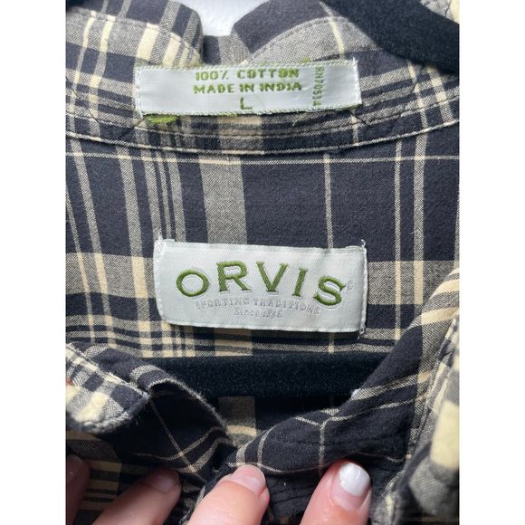 Mens Orvis Short Sleeve Button Down Black and Yellow‎ Checkers Size L - Picture 2 of 4